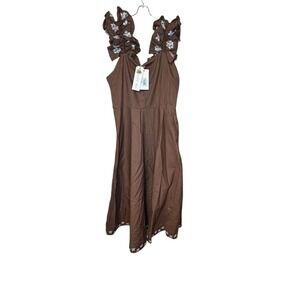 Fanm Mon Womens Dress Alanya A-Line Embroidered Floral  Brown White‎ Large NWT